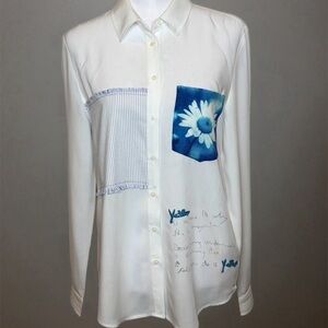 Desigual Chicago White Button Down - Abstract Patchwork Pocket Shirt Size M